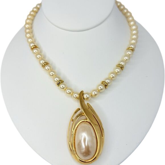 Vintage Napier Faux Pearl Gold Tone Pendant Necklace 24" - Picture 1 of 13